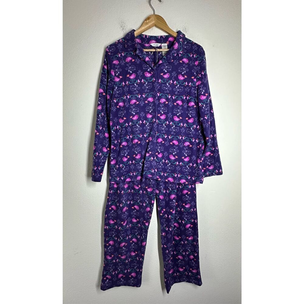 Mayfair Women’s Fleece Pajamas Set Pink Birds Print Long Sleeve Button Up Size L